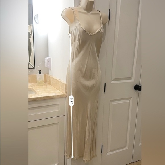 Pharaoh Beige Satin Slip Dress with Frayed Trim, Size P/XS - Picture 9 of 13